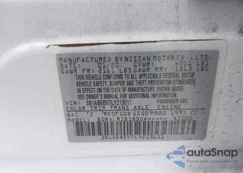 2020 Nissan Sentra Sr Xtronic Cvt из США, поврежденный, VIN 3N1AB8DV7LY213611